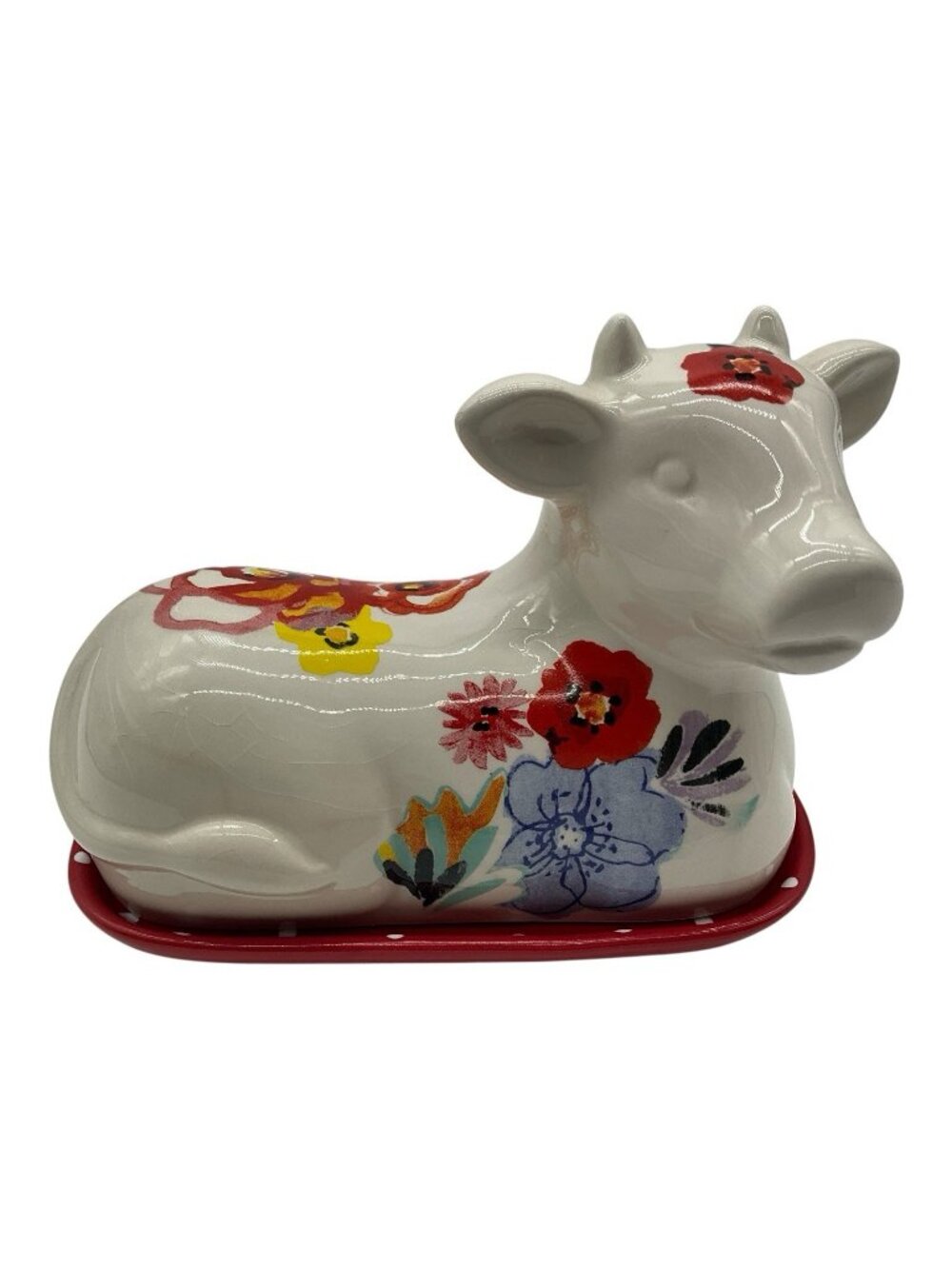 Pioneer Woman Flea Market Cow Butter Dish Floral Polka Dot Red Farmhouse Cottage